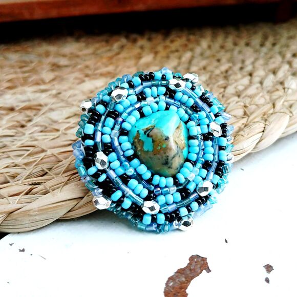 Turquoise Gemstone Beaded Embroidery Brooch, Beaded Accessories, 1.75" - Picture 5 of 6